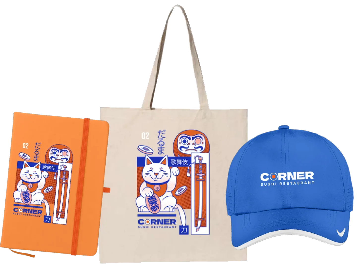 Branded notebook, tote bag, and cap for a community store