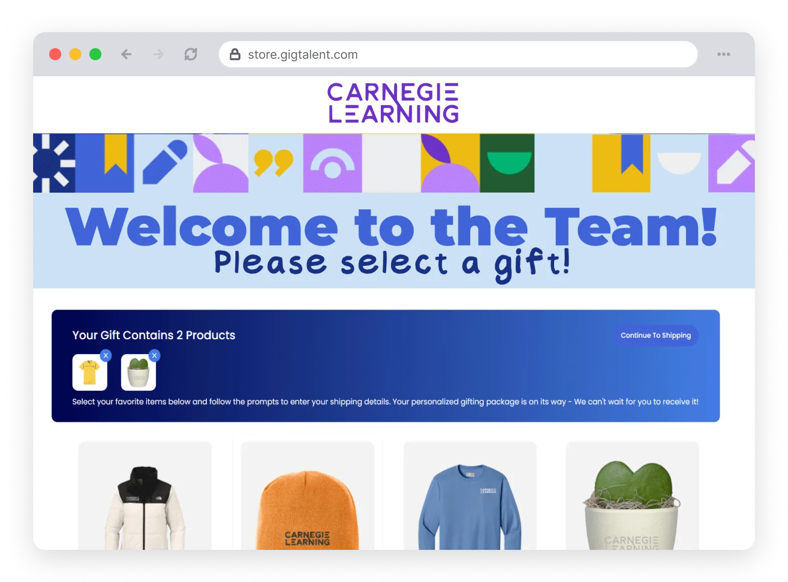Carnegie Learning onboarding gift store with a “Welcome to the Team” banner, a two-item gift summary, and a product grid of branded apparel and a plant