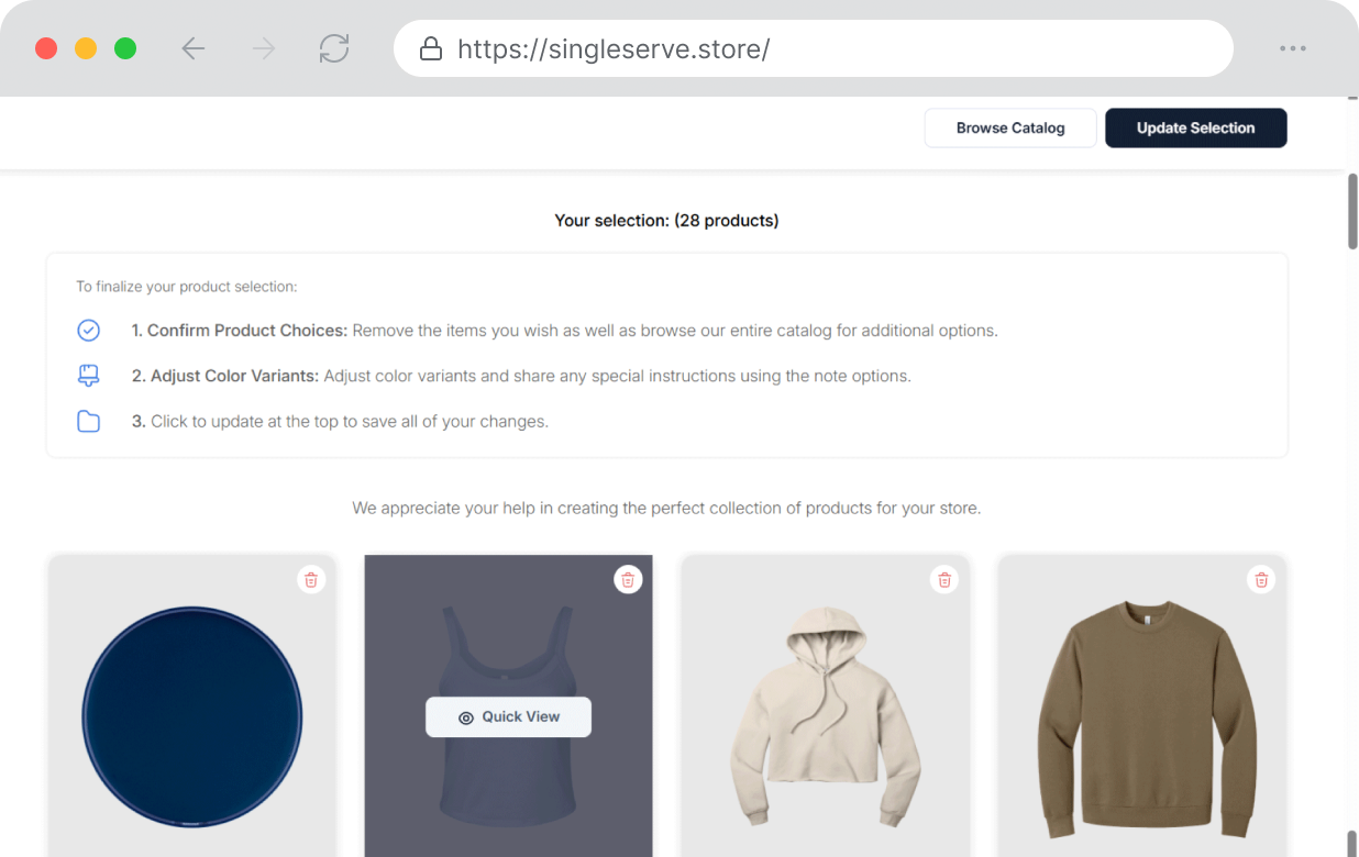 Curate products: SinglePick selection review with chosen products and color variants