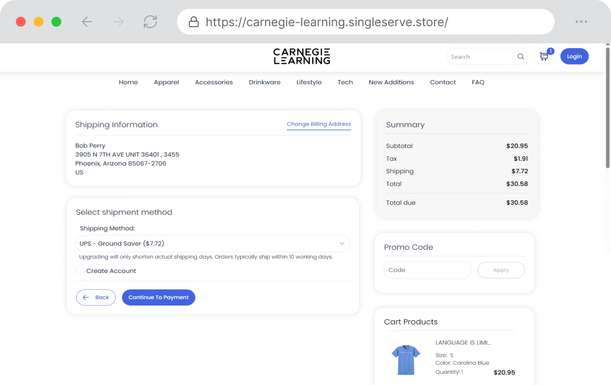 Hosted store transactions: Carnegie Learning store checkout with automatic sales tax calculation, shipping, and order summary
