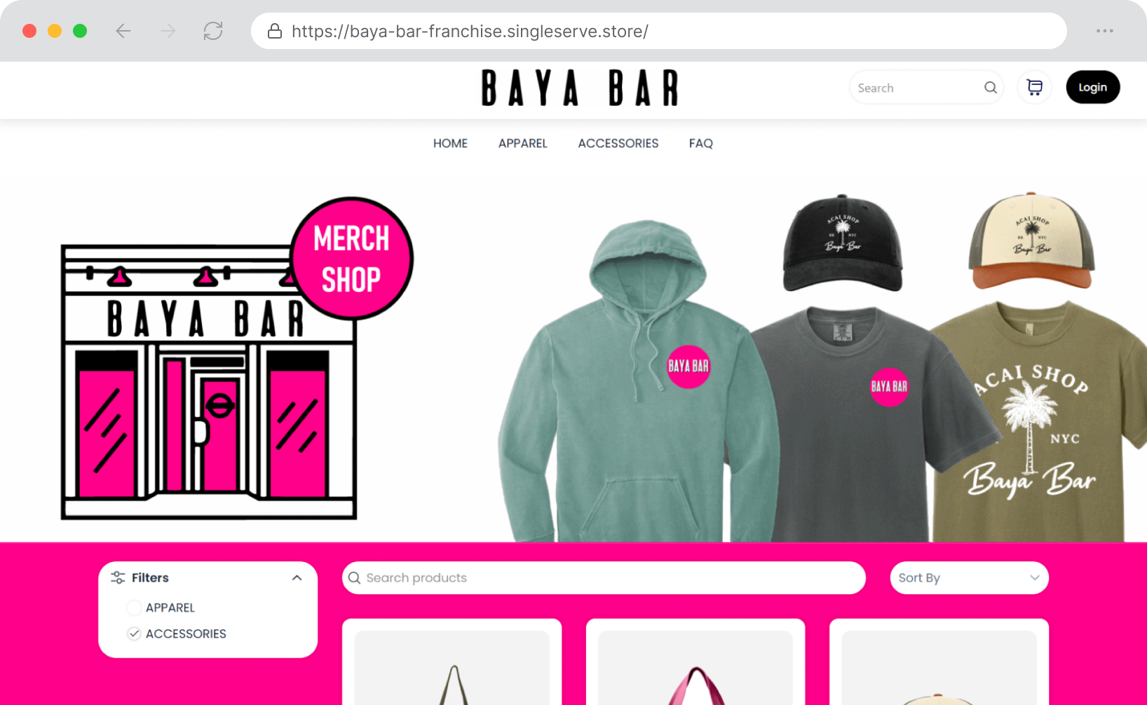 Baya Bar branded hybrid storefront with print-on-demand and stocked apparel, filters, and product grid