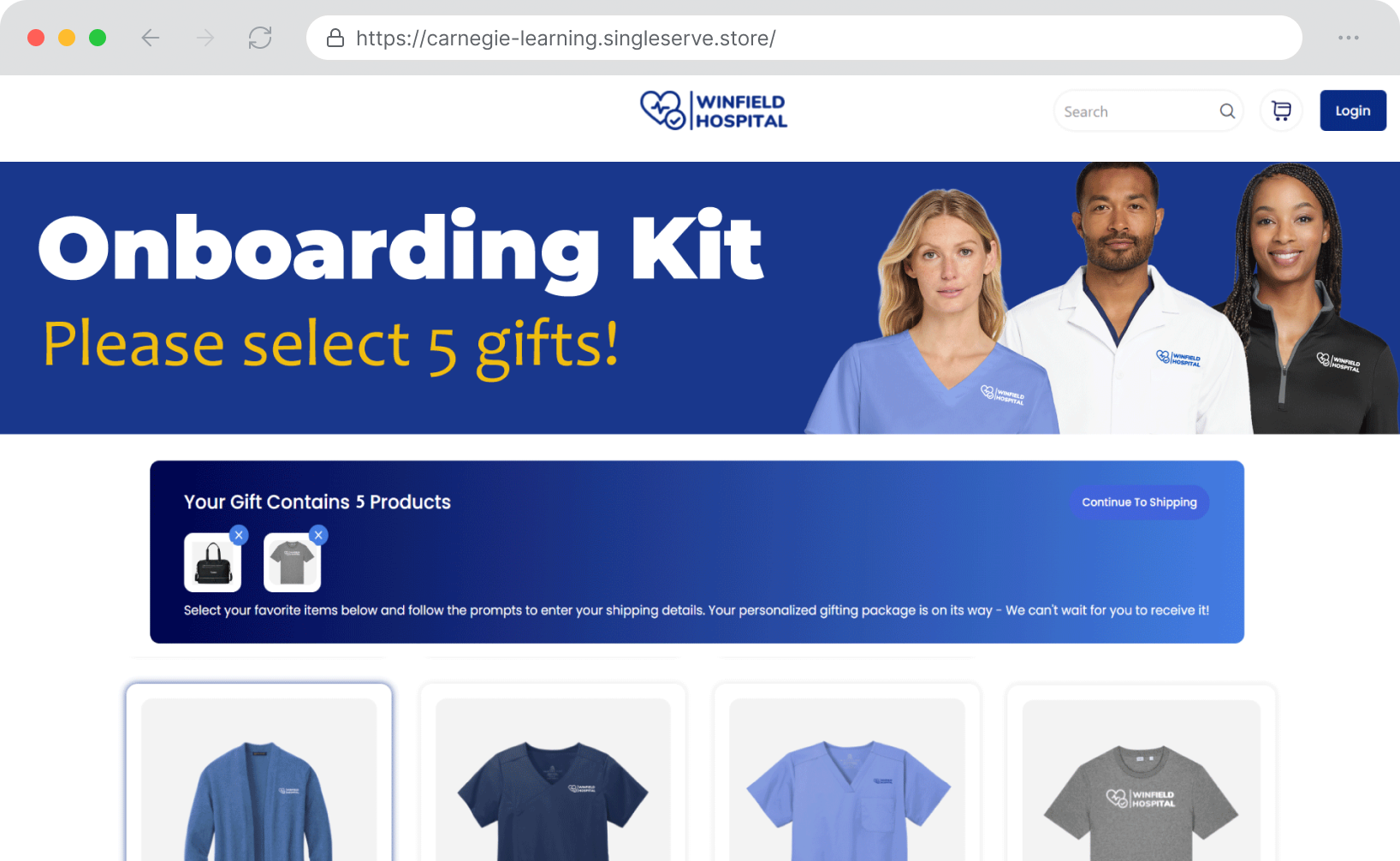 Winfield Hospital gift store showing an onboarding kit banner, two selected gifts, and a product grid to choose from