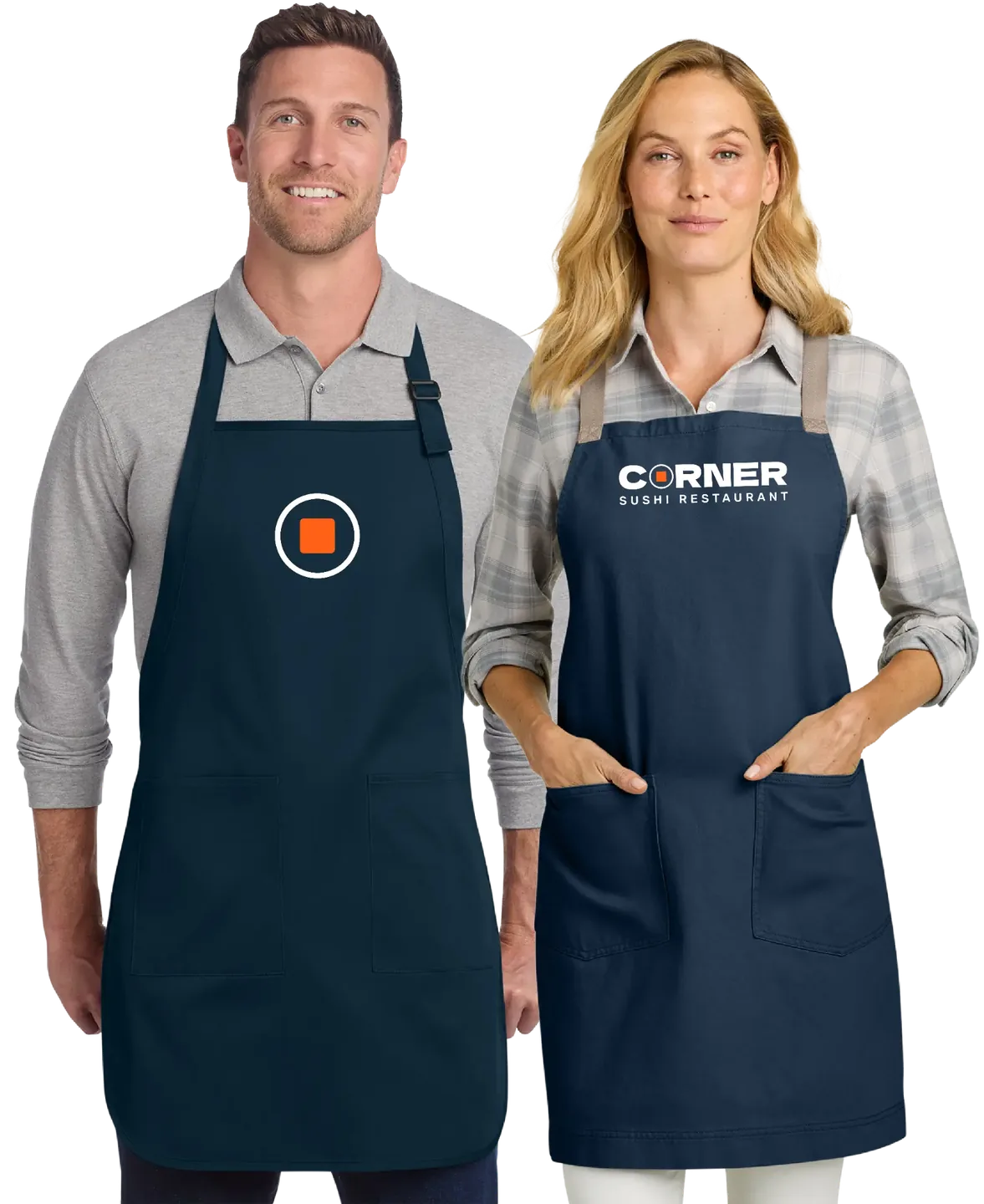 Team members wearing branded department aprons