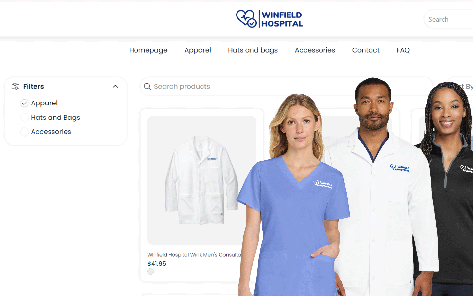 Winfield Hospital company store with product filters, branded medical apparel, and store shoppers