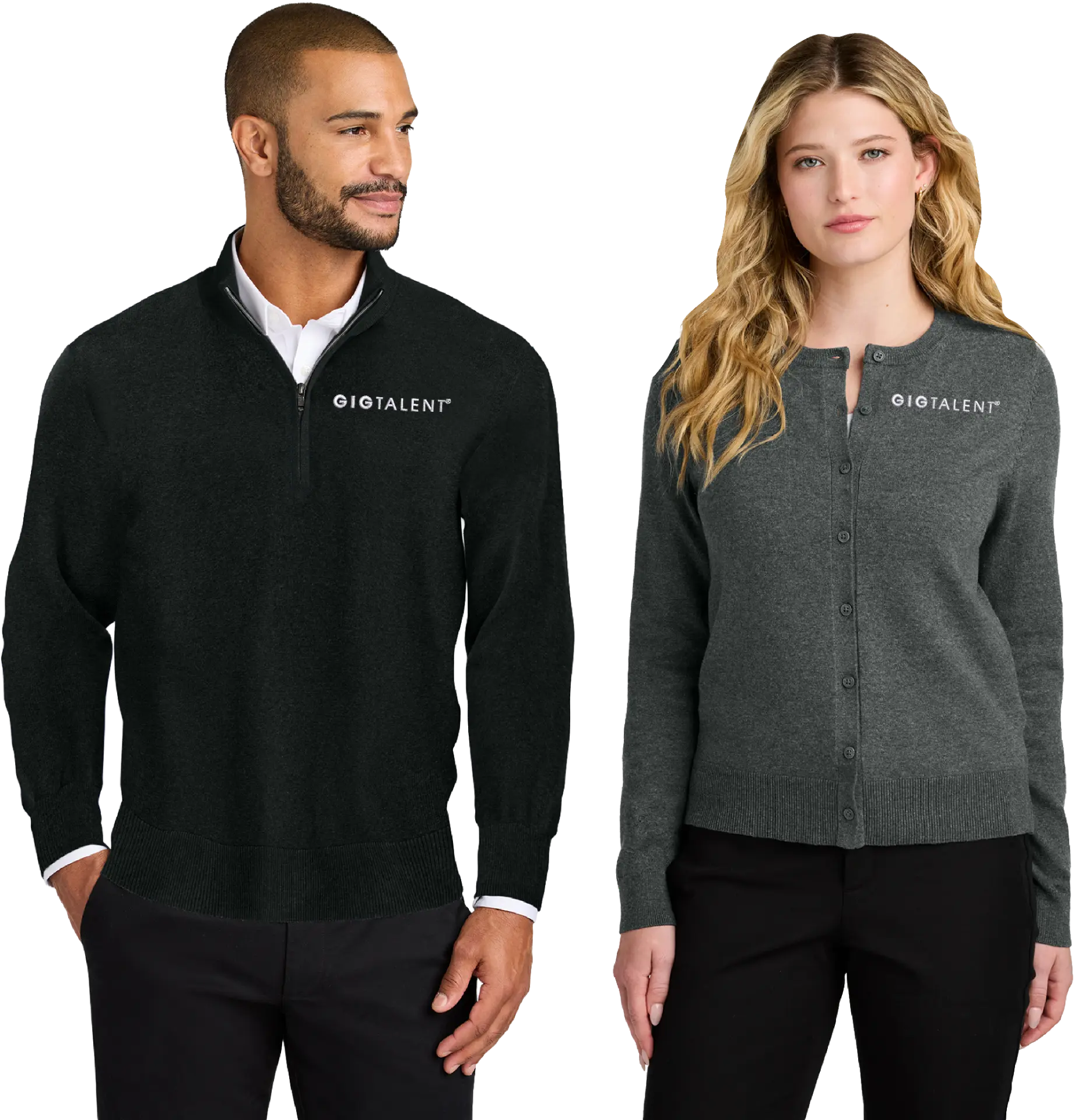 Two people wearing GIG Talent branded apparel