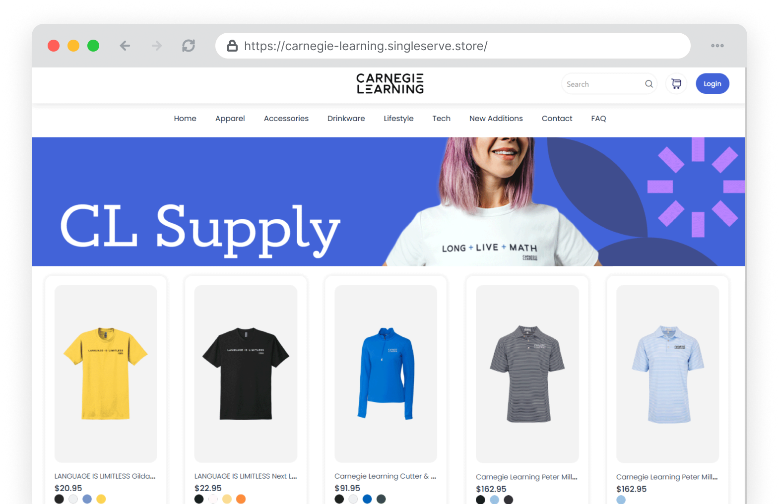 Carnegie Learning CL Supply branded merch storefront with hero banner and product grid