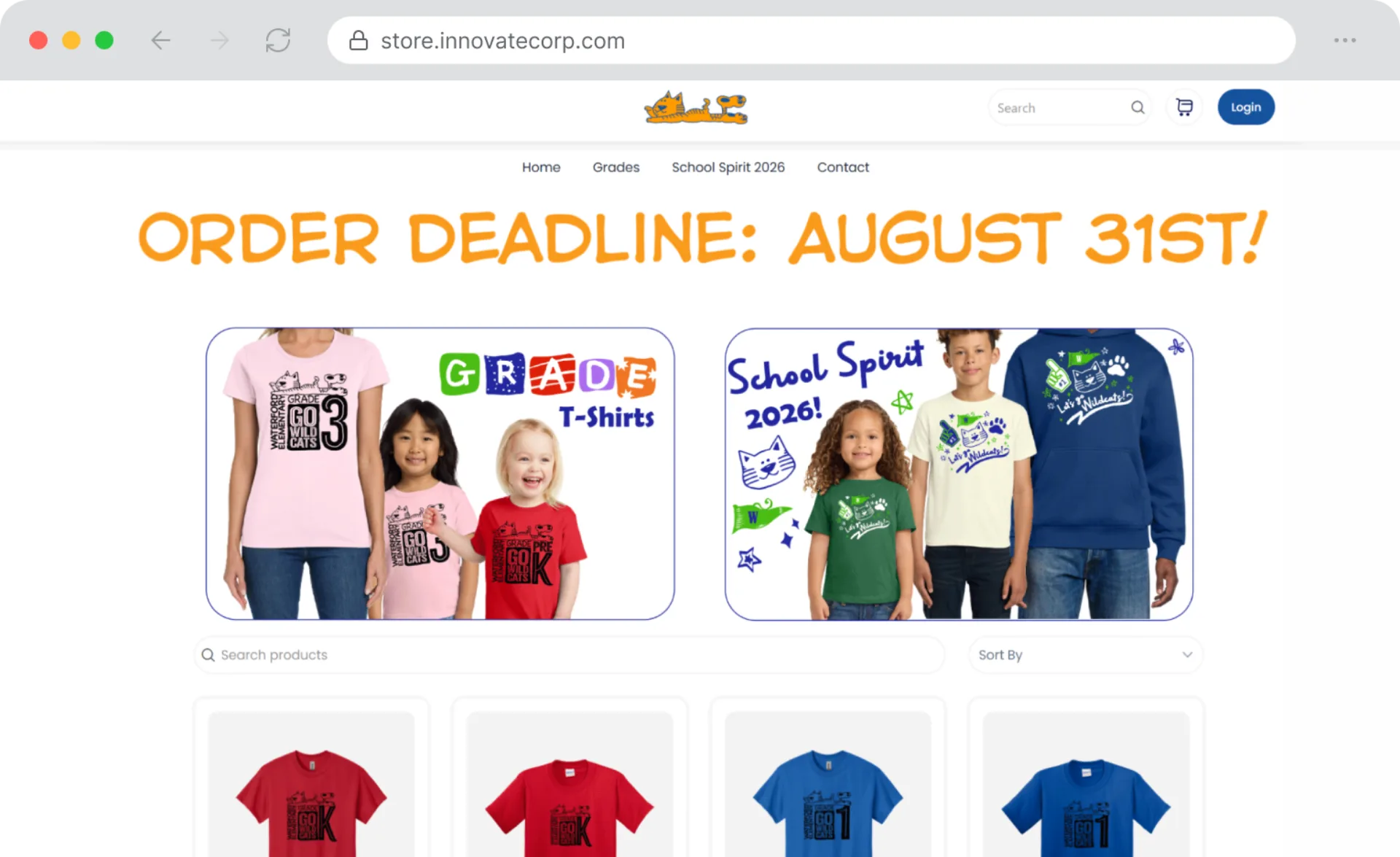 Timed storefront: Pop-up school apparel store with campaign deadline and product grid