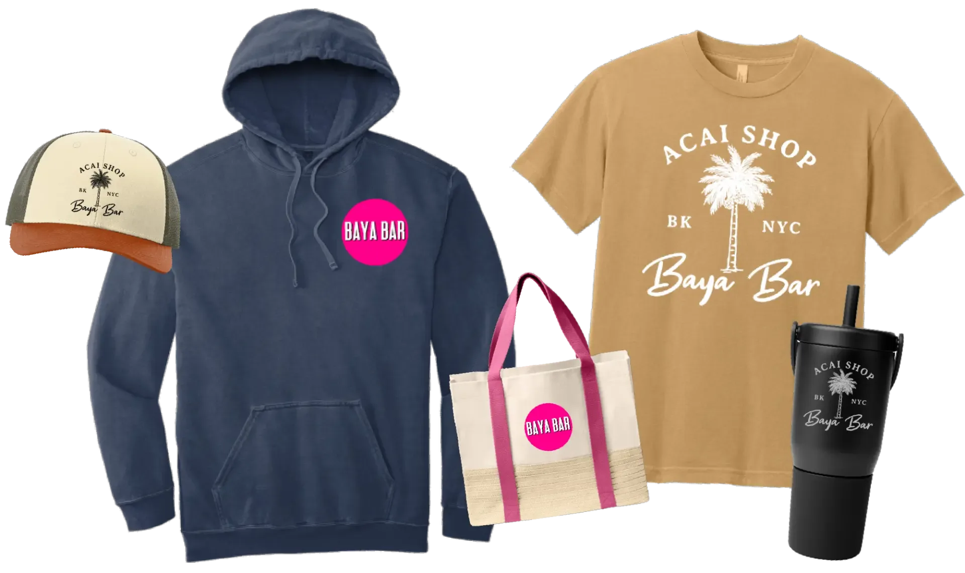 POD items: Baya Bar branded merch collage: hoodie, hat, tee, tote, and tumbler