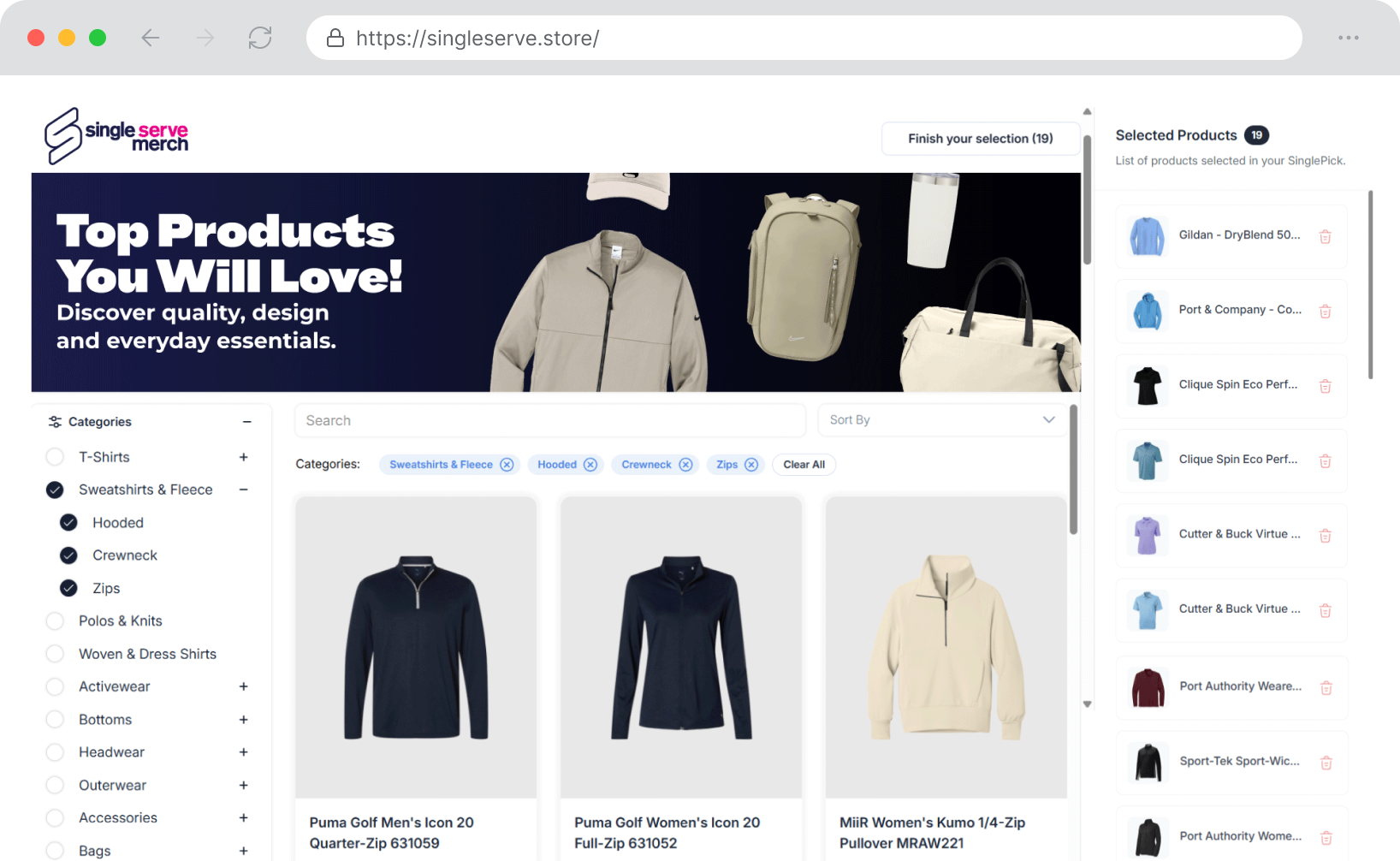 SinglePick product catalog with category filters and a curated selection