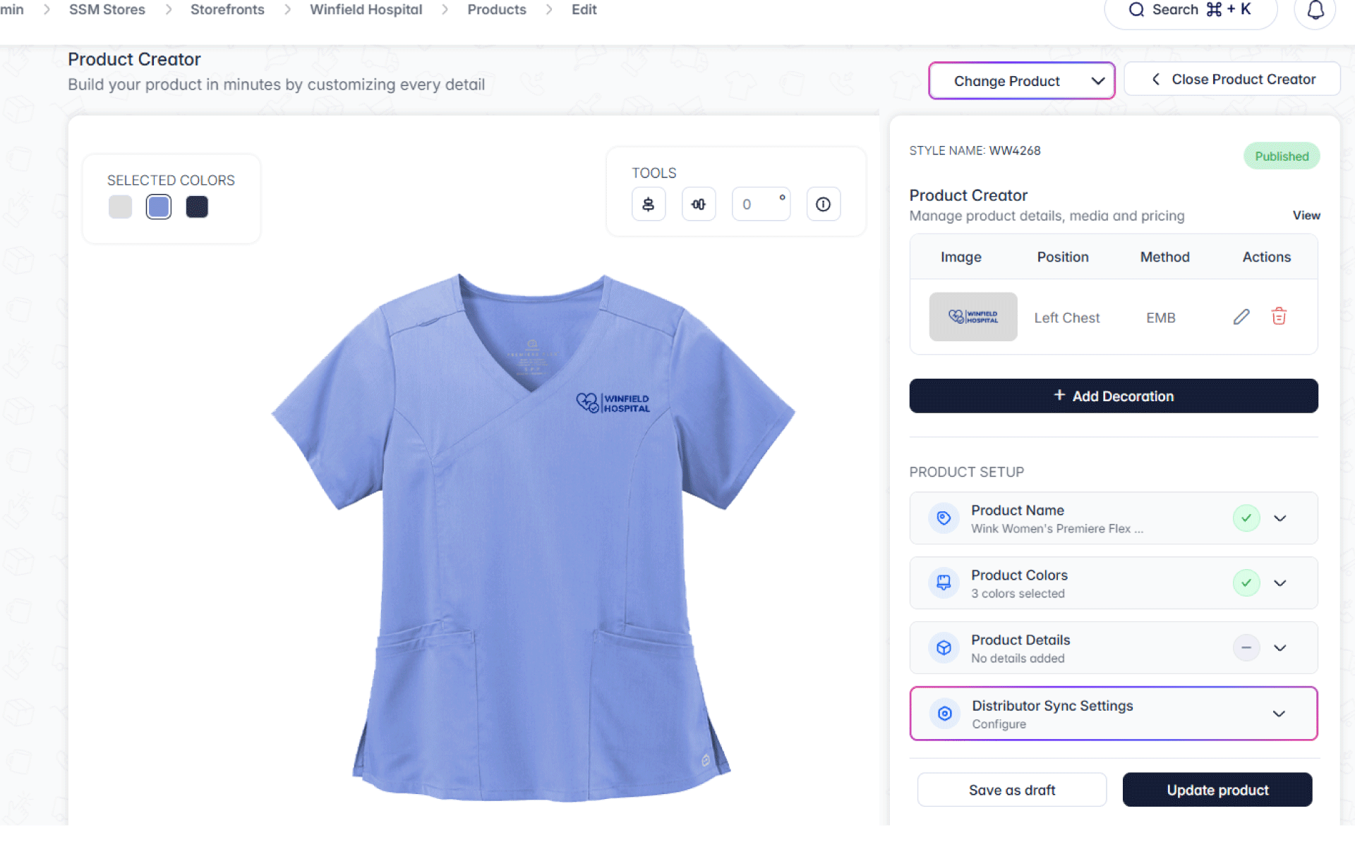Audit current store: Winfield Hospital Product Creator showing a branded scrub top, decoration controls, and product setup options