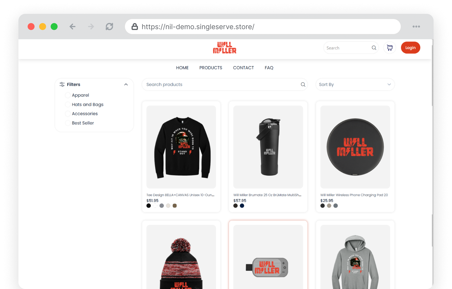 Will Miller hybrid POD storefront with filters, product grid, and print-on-demand apparel