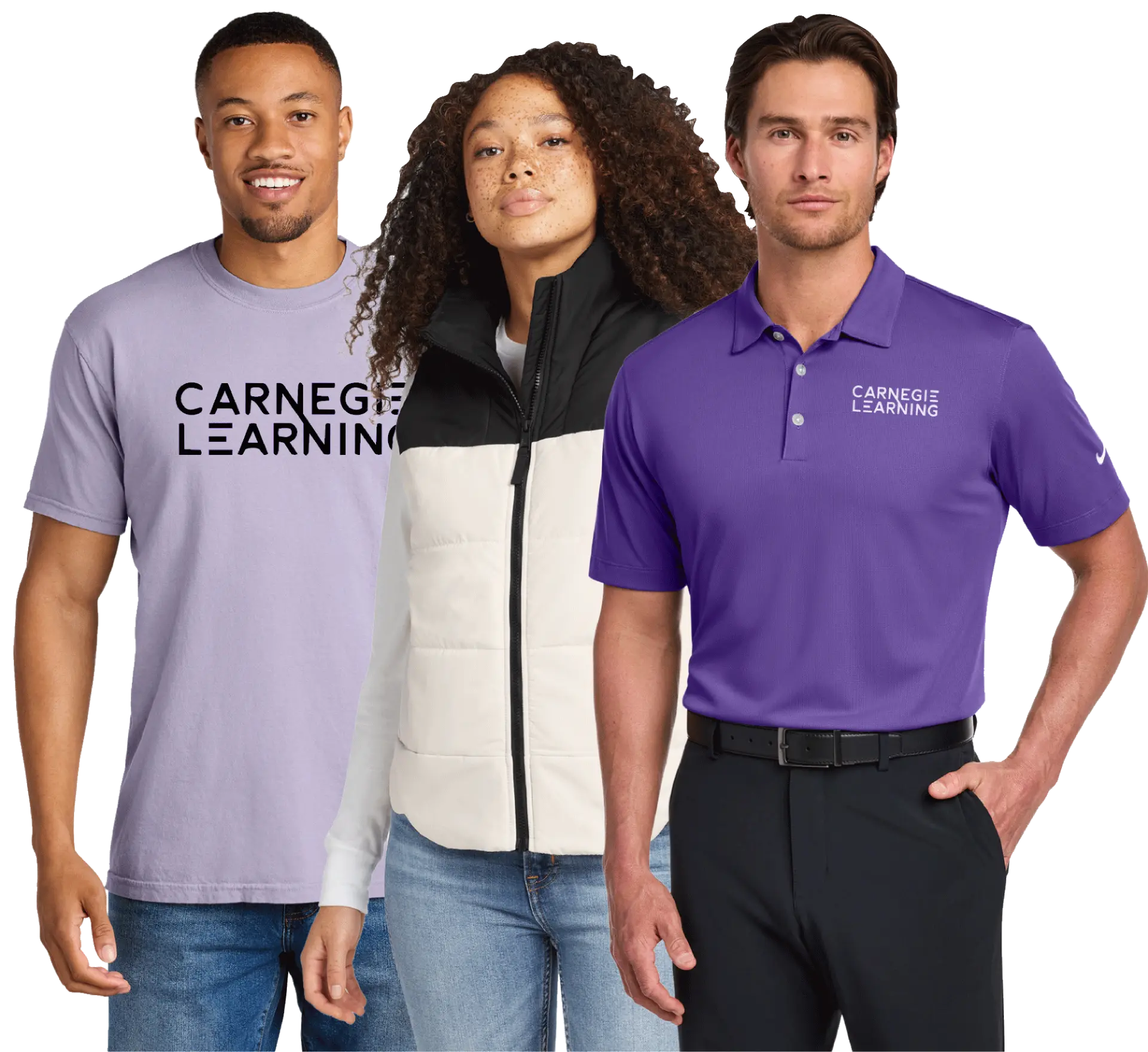 Three people wearing branded apparel